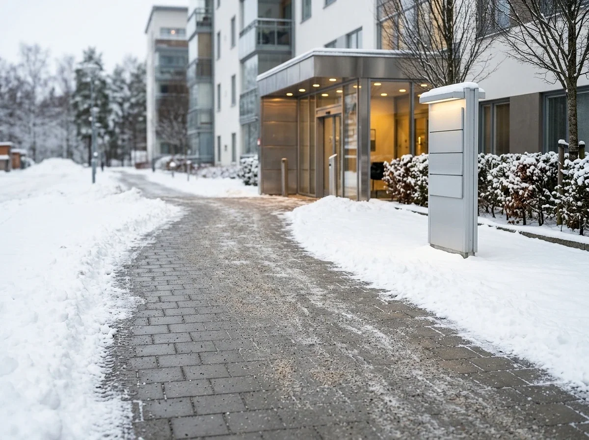 Snöröjd gångväg framför modernt flerbostadshus med belyst entré.