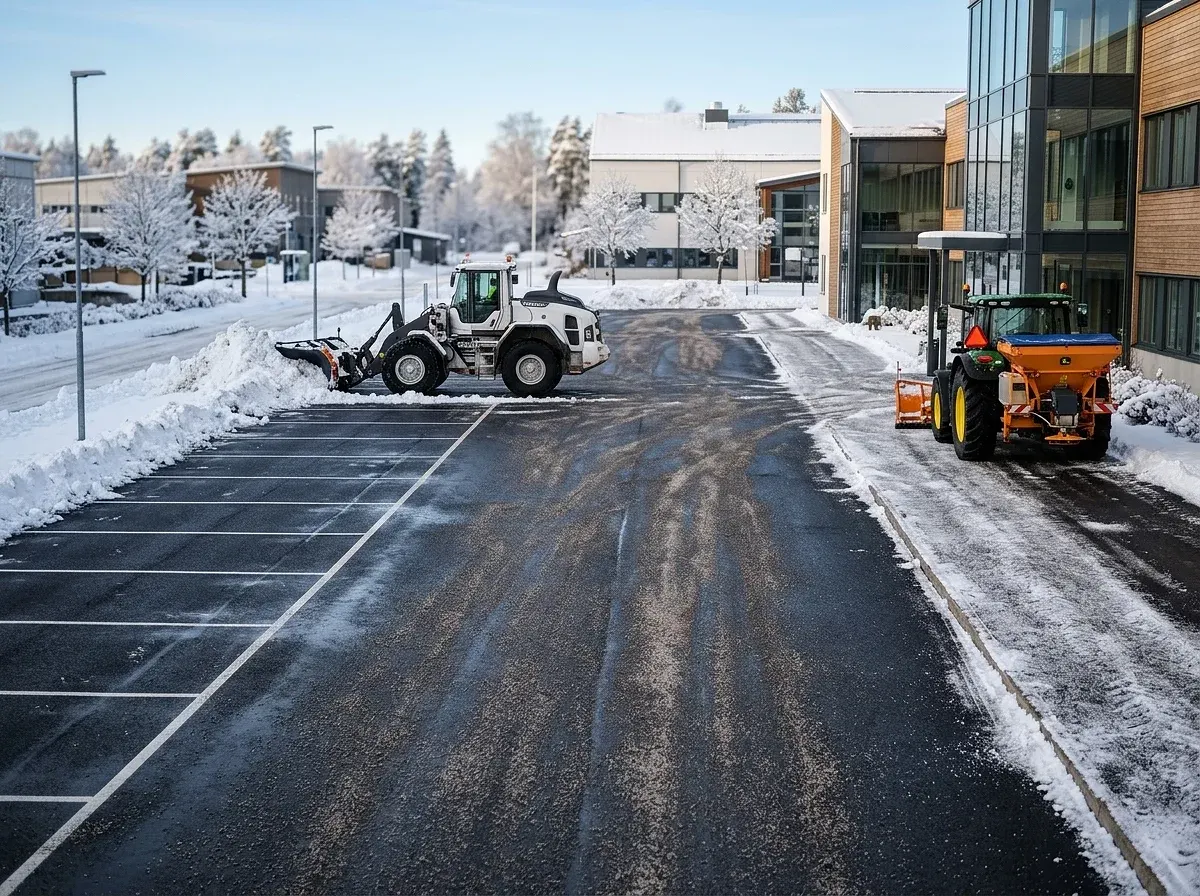 Snöröjning av parkeringsplats med hjullastare och traktor vintertid.