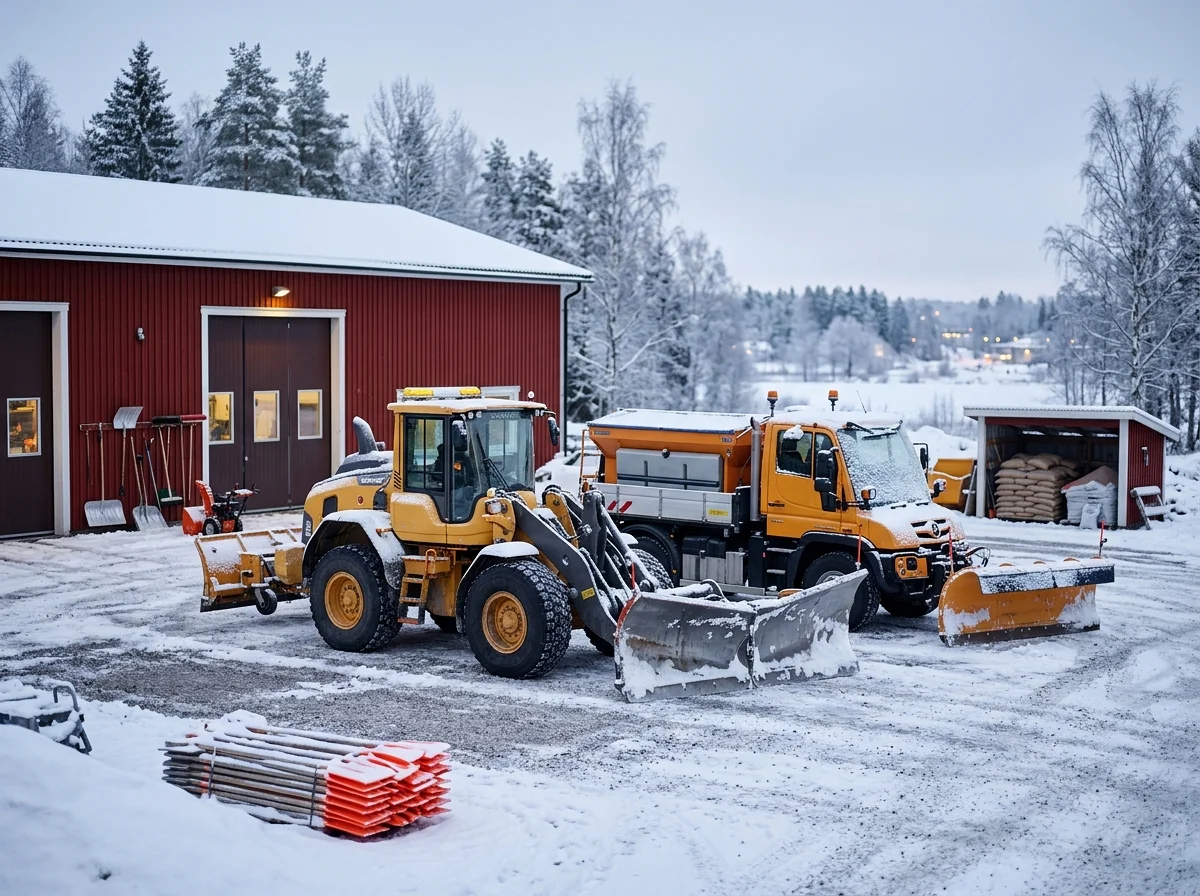 Gula plogfordon parkerade vid röd lagerbyggnad i vinterlandskap.