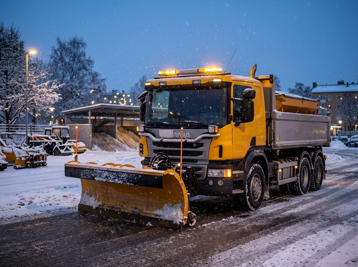 Gul Scania snöplog arbetar på snöig väg i vintermörker.