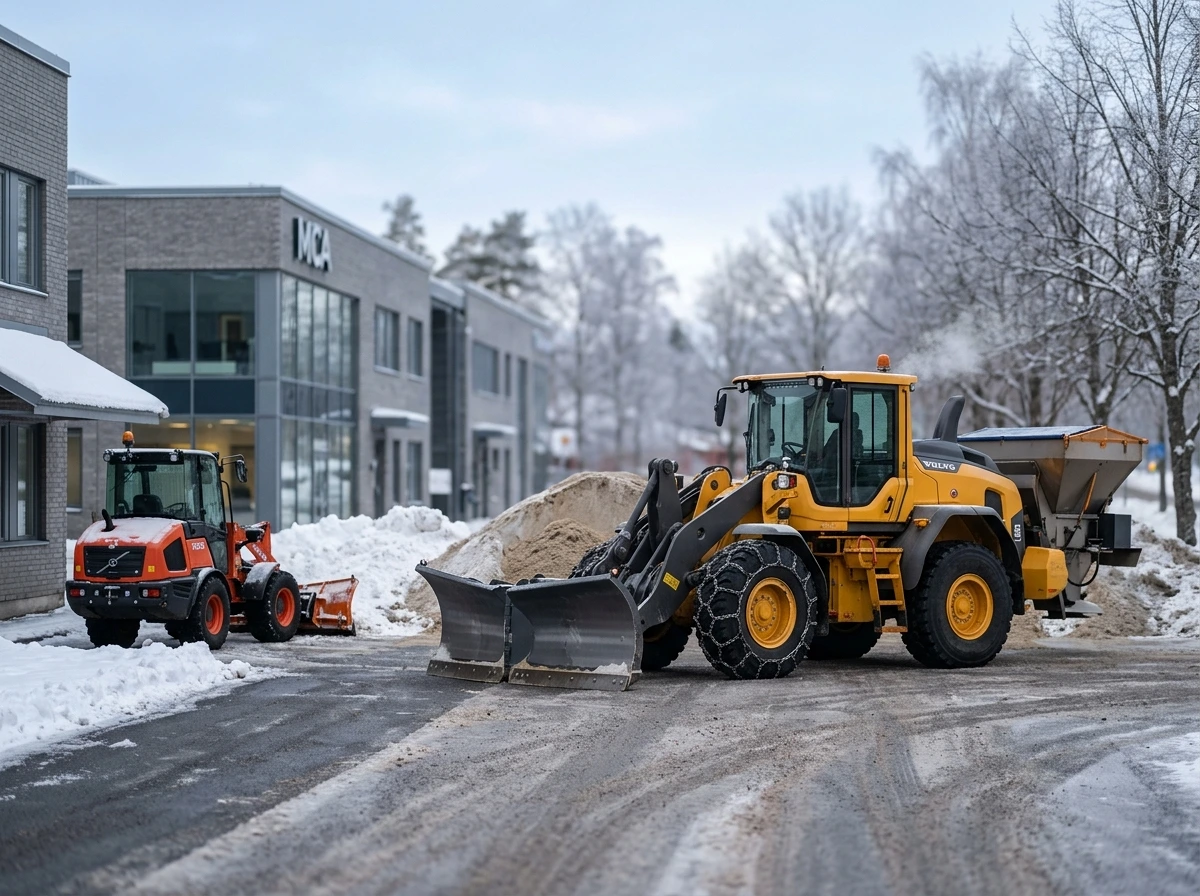 En gul Volvo-hjullastare och en orange minigrävare röjer snö utomhus.