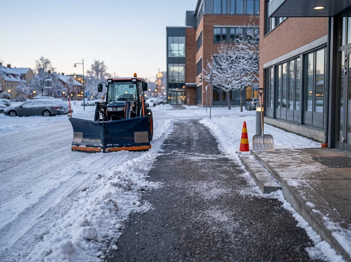 En traktor med plogblad röjer snö utanför ett modernt kontorshus.